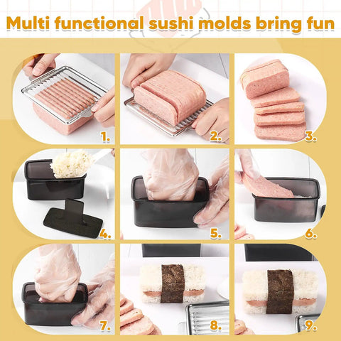 Musubi Press Mold Kit 2 Pack Clear Musubi Maker With Stainless Steel 304 Slicer for Spam showing step by step use