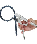 Hand holding a 9 Inch Locking Chain Clamp With Adjustable Screw Lock And Easy Trigger Release Built From Heat Treated Alloy Steel.