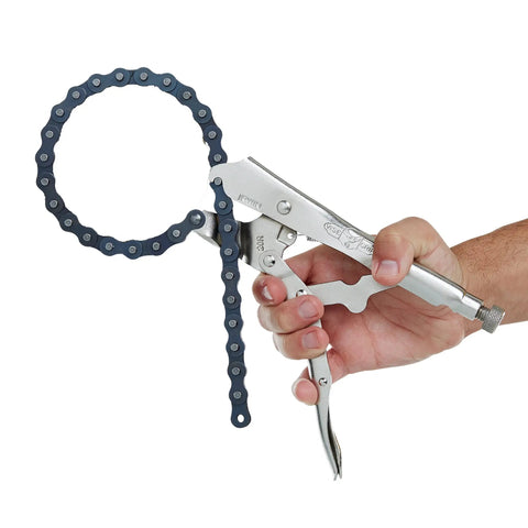 Hand holding a 9 Inch Locking Chain Clamp With Adjustable Screw Lock And Easy Trigger Release Built From Heat Treated Alloy Steel.