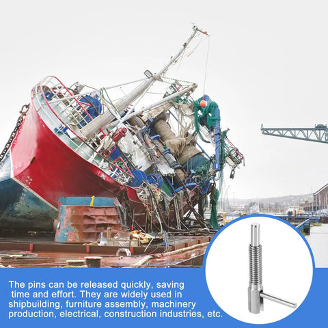 Tough As Nails 2 Piece Retractable Indexing Plunger Pin M6 Thread Spring Loaded Telescopic Locking Latch Assembly With Smooth Glide Action For Heavy Duty Machinery Jobs, shown on fishing boat.