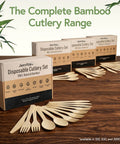 Your Go To 100 Percent Bamboo Utensils Set With 50 Forks, 25 Spoons, 25 Knives, Compostable, Biodegradable, FSC Certified display