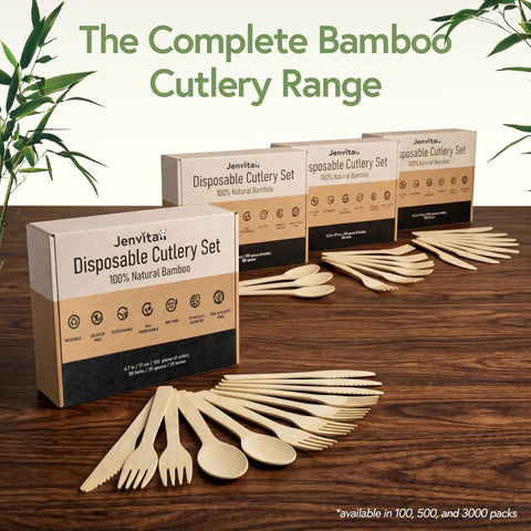 Your Go To 100 Percent Bamboo Utensils Set With 50 Forks, 25 Spoons, 25 Knives, Compostable, Biodegradable, FSC Certified display