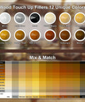 Your Solid Wood Furniture Repair Kit Packed With Twelve Rich Colors Of Tough Touch Up Filler displayed in 12 unique colors.