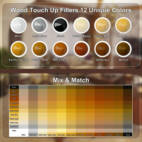 Your Solid Wood Furniture Repair Kit Packed With Twelve Rich Colors Of Tough Touch Up Filler displayed in 12 unique colors.