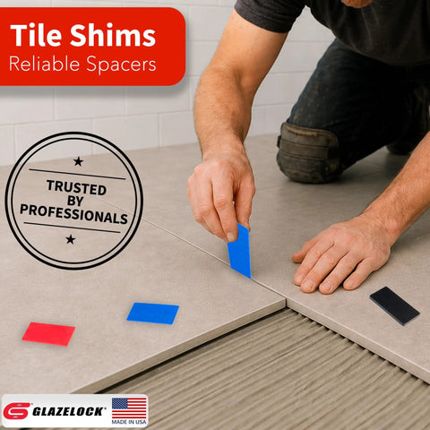 High Impact Plastic Flat Shims Leveling Spacers One Eighth Inch Thick Bulk Case 300 Pieces used for aligning tiles during installation.
