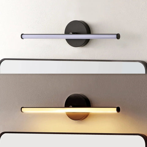 Black Aluminum Integrated LED Vanity Light With 360 Degree Rotatable Arm One Light Dimmable Modern Industrial Wall Sconce For Bathroom Mirror For Bathrooms And Powder Rooms shown unlit and lit above mirrors.