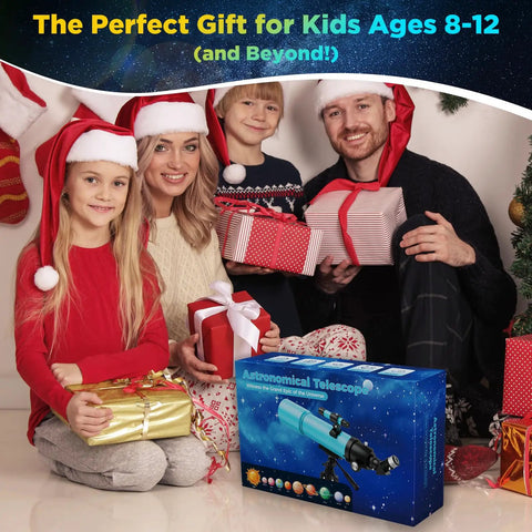Family with Christmas presents including 90mm Refractor Telescope For Beginners And Kids With 150X Magnification 500mm Focal Length