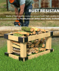 Set Of 8 Rock Solid Heavy Duty Workbench Bracket Kit With Screws For 4X4 And 2X4 Lumber Black Powder Coated Steel Corner Braces stacked with logs outdoors.