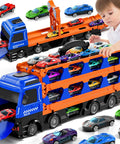 Child playing with 24 Die Cast Cars Included Transport Truck Toy For Kids Ages 3 To 7, Big Carrier Truck With Built In Storage For 24 Cars
