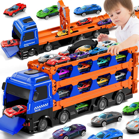 Child playing with 24 Die Cast Cars Included Transport Truck Toy For Kids Ages 3 To 7, Big Carrier Truck With Built In Storage For 24 Cars