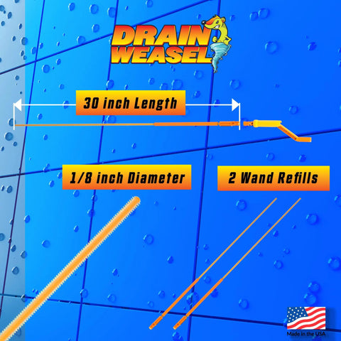 Hair Clog Busting Drain Weasel Snake Tool For Sinks Showers And Tubs 30 Inch Long With 360 Rotation Dual Wands And Handle Cleans Hair Blockages Fast In Pipes And Drains For Bathrooms Kitchens And More Made In USA displayed with dimensions and features on blue waterdrop background.