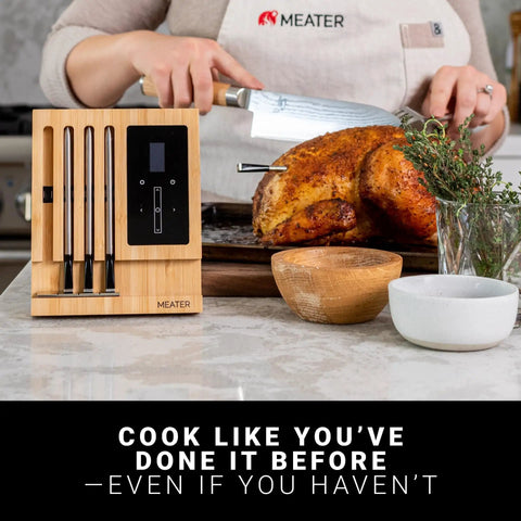 4 Probe WiFi Smart Meat Thermometer With Guided Cook System And Real Time Alerts Long Range For Backyard BBQs Oven Grill Smoker And Air Fryer Kitchen Must Have Apple Watch And Alexa Compatible iOS And Android App next to roasted chicken