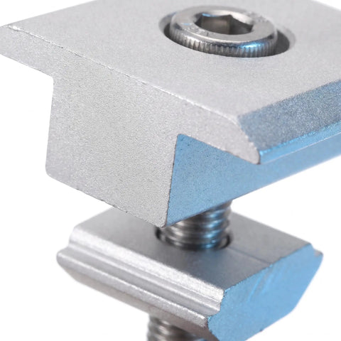 Close-up of Premium Aluminum Solar Panel Mid Clamp Bracket For Roof Mount No Drill Setup No Sweat Slide Nut Design.