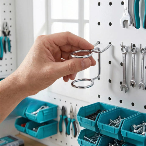 Hand installing a 5 Piece Pegboard Screwdriver Holder Set With Double Ring Tool Organizers For Screwdrivers Pliers Wrenches And Hammers Wall Mount Hooks And Hangers For Easy Access Grab And Go Space Saving Garage Tool Storage on a white pegboard.
