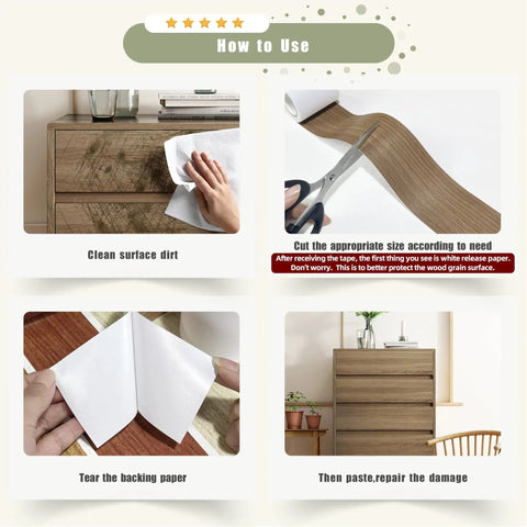 Steps for using Premium Gray Wood Grain Peel And Stick Film 2.4 Inch By 15 Feet Self Adhesive Repair Wrap to clean and apply.
