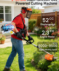 Man using Beast 5-In-1 Gas Powered Yard Tool With 52cc 2-Stroke Engine in garden, showing displacement and power details.