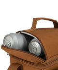 Rugged Insulated Lunch Box For Men, Soft Shell Cooler Bag Built For Camping, with open top showing beverage cans stored inside.