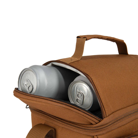 Rugged Insulated Lunch Box For Men, Soft Shell Cooler Bag Built For Camping, with open top showing beverage cans stored inside.