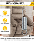 Heavy Duty Three Five Eighth Inch Recliner Tension Springs Four Pack With Slick Deflecting Hooks For No Sweat Sofa Swap and Building Top Shelf Tight Living Room Furniture Parts displayed on a recliner.