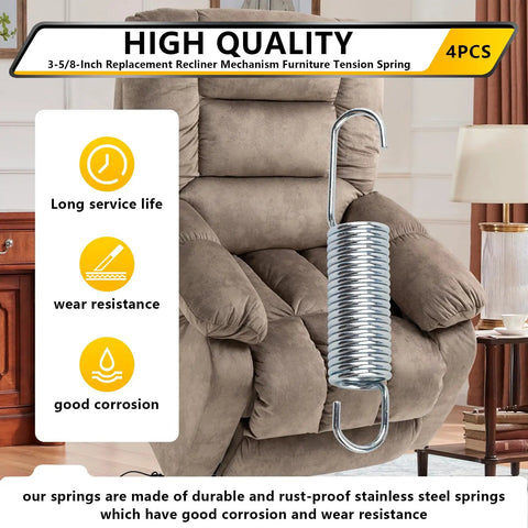 Heavy Duty Three Five Eighth Inch Recliner Tension Springs Four Pack With Slick Deflecting Hooks For No Sweat Sofa Swap and Building Top Shelf Tight Living Room Furniture Parts displayed on a recliner.