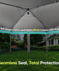 Interior view of 10x10 Pop Up Screened Canopy Tent With Mosquito Netting, Easy Up Outdoor Screen House Shelter installed in a garden.