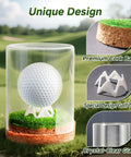 Hole In One Golf Ball Display Case With Crystal Clear Glass Stand, Premium Cork Base, Lifelike Turf, And Plastic Tee design