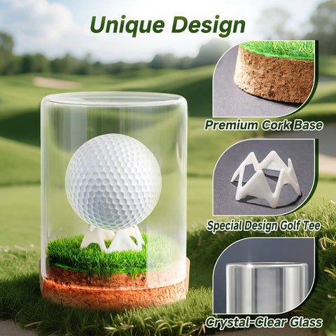 Hole In One Golf Ball Display Case With Crystal Clear Glass Stand, Premium Cork Base, Lifelike Turf, And Plastic Tee design