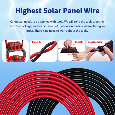 10 AWG Solar Extension Cable 10 Ft With 2 Pairs Solar Connectors PV Wire Tinned Copper Tough UV Resistant XLPE Insulated PPO Connectors Outdoor Automotive And Marine Use Black And Red shown with installation steps
