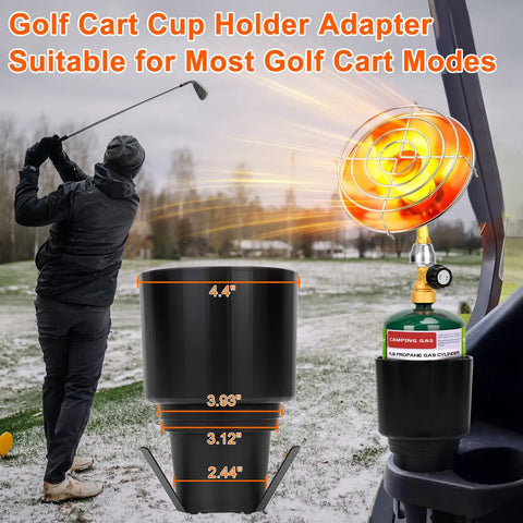 Portable Propane Golf Cart Heater for Outdoor Use installed in golf cart cup holder, golfer swinging in chilly weather.