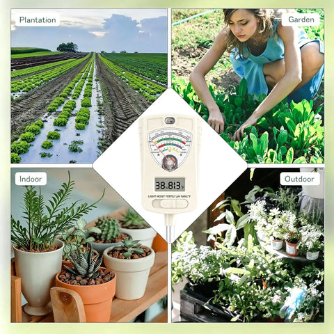 7 In 1 Soil Test Kit For Home Gardeners And Lawn Care With Moisture, pH, Temperature, Sunlight, Humidity And Fertility Meter, Built In 1.6 Inch Sensor, One Button Mode Switch For Easy Indoor Outdoor Plant Diagnostics, handheld meter in indoor and outdoor gardens