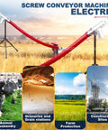 Powerful Electric Grain Conveyor With 60 Inch Hose in a field with application examples for farms, silos, and construction sites.