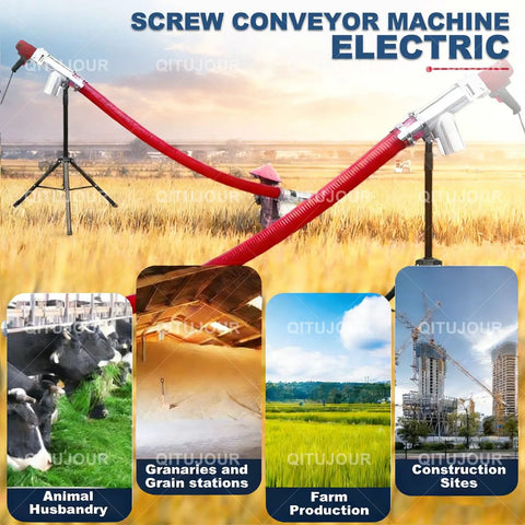 Powerful Electric Grain Conveyor With 60 Inch Hose in a field with application examples for farms, silos, and construction sites.