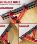 Kickass Precision Stair Tread Template Tool With Heavy Duty Locking Triangular Brace And Snappy Edge Flip Stops For Right On Target Woodworking Every Single Time showing adjustable angle for vertical measurements.