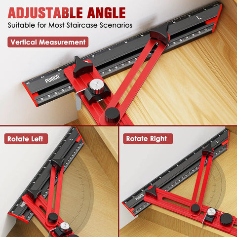 Kickass Precision Stair Tread Template Tool With Heavy Duty Locking Triangular Brace And Snappy Edge Flip Stops For Right On Target Woodworking Every Single Time showing adjustable angle for vertical measurements.