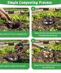 Steps showing installation of Metal Worm Compost Bin Set for Outdoor Gardens in a vegetable patch for recycling kitchen waste.
