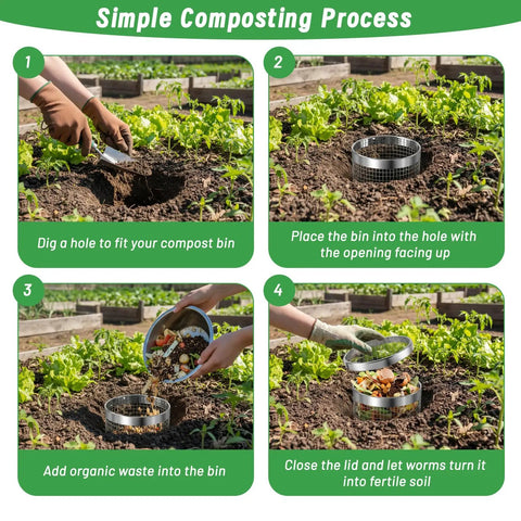 Steps showing installation of Metal Worm Compost Bin Set for Outdoor Gardens in a vegetable patch for recycling kitchen waste.