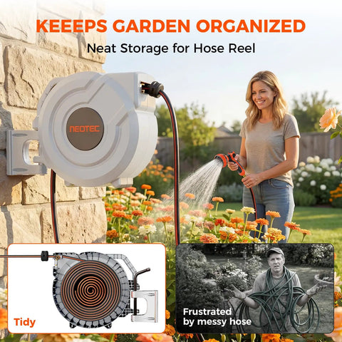 Retractable Garden Hose Reel With Auto Rewind And Any Length Lock, One Hundred Foot Reach, outdoor use on brick wall