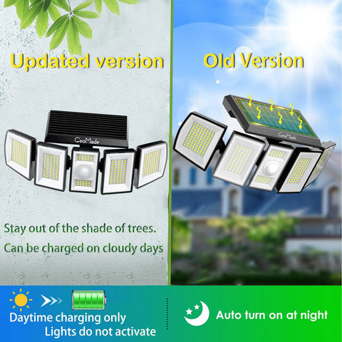 Comparison of updated and old Solar Outdoor Flood Lights With Motion Sensor And Dusk To Dawn Waterproof 300 LED Spotlights, showing design differences.