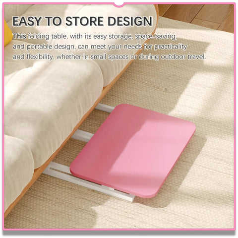 Mobile Folding Laptop Cart On Wheels For Small Spaces 23.6 Inch Rolling Computer Desk In Pink And White under couch