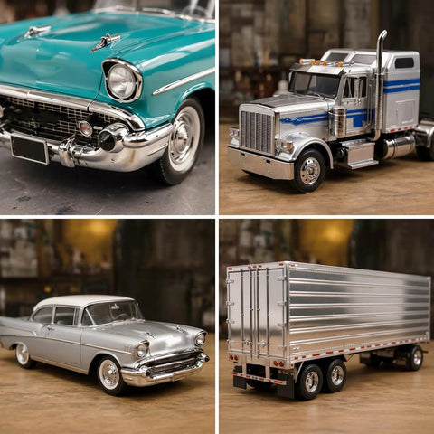 Model cars and truck showing Mirror Chrome Aluminum Foil For Model Cars And Aircraft 2 Pack Bare Metal Sheets.