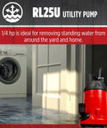 Heavy Duty 115 Volt One Quarter HP Aluminum Utility Pump With 1500 GPH Flow, 10 Foot Cord for water removal near flooded door