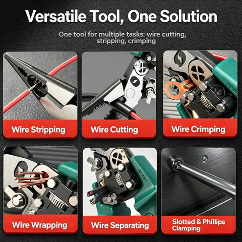 Heavy Duty Four In One Wire Stripping And Testing Pliers All In One Electrician Tool For Stripping Cutting Crimping Twisting Looping Bolt Cutting And Built In Voltage Tester Compact Multi Tool Everyone Needs showing wire stripping, cutting and crimping