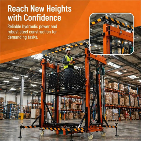 Heavy Duty Electric Scaffolding Lift Platform 1100 Lb Capacity 16.4 Ft Vertical Rise, worker operating in warehouse.