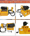 Portable line boring machine XDT50, yellow with black motor and steel rails, four-view collage