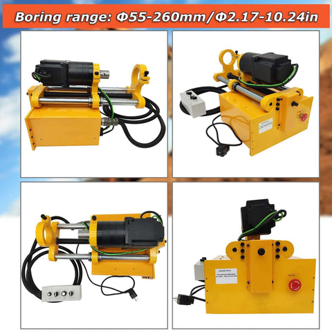 Portable line boring machine XDT50, yellow with black motor and steel rails, four-view collage
