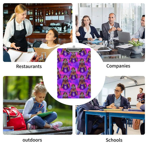 Black Plastic Clipboard With Gold Ring Clip, Low Profile Desk Accessory, Durable Acrylic Surface For Standard Letter Or A4 Papers, Smooth Writing Base For Notes, Menus, Lists, And On The Go Planning. Used in restaurants, offices, schools, and outdoors.