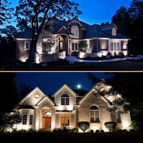 Totally Lit Ultra Bright Low Voltage Outdoor LED Landscape Lights illuminating house exterior at night