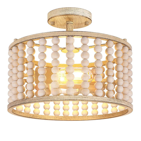 Oak Wood Beaded Chandelier Farmhouse Boho Flush Mount Light With Rustic Charm Two Lights E26 Base Dope Nursery Hallway Foyer
