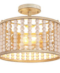 Wood Beaded Boho Ceiling Light Fixture With 2 Light E26 Socket Semi Flush Mount Chandelier For Nursery, Living Room, Bedroom, Kitchen Island, Entryway