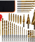 All In One 35 Piece Drill Bit Kit With 3 Step Drills 4 To 12, 4 To 20, 4 To 32, 13 Twist Bits, 6 Taps M3 To M10, 6 Screw Extractors, Titanium Coated High Speed Steel, For Plastic Wood And Metal, Includes Center Punch And Handy Storage Bag displayed in a grid with a black and orange storage bag.